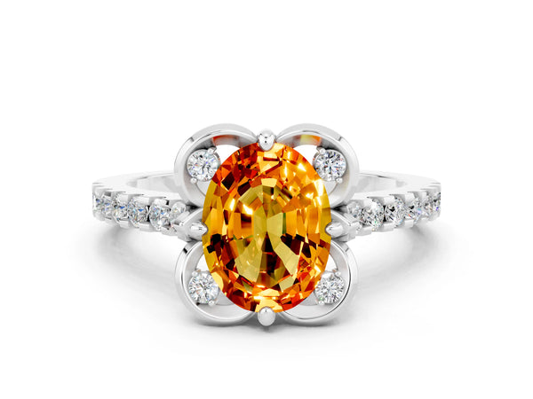 Silver Oval Cut Citrine Ring with Pavé Band and Floral Prong Setting