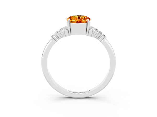White gold Oval Cut Citrine Ring with Side Stones and Four-Prong Setting