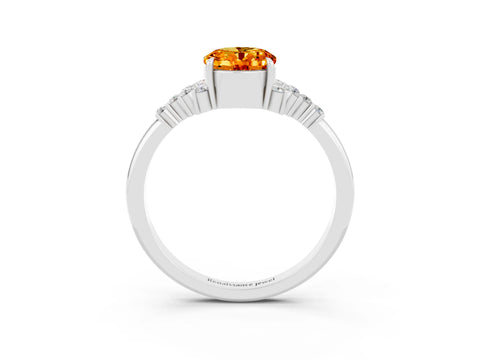 White gold Oval Cut Citrine Ring with Side Stones and Four-Prong Setting_87