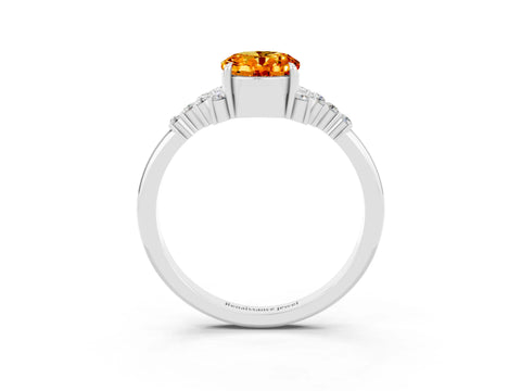White gold Oval Cut Citrine Ring with Side Stones and Four-Prong Setting_99