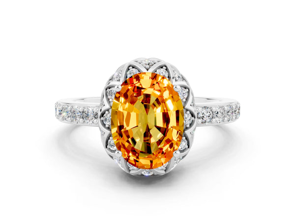 Platinum Oval Cut Citrine Scalloped Halo Engagement Ring with Round Shared Prong Band
