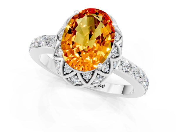 Silver Oval Cut Citrine Scalloped Halo Engagement Ring with Round Shared Prong Band
