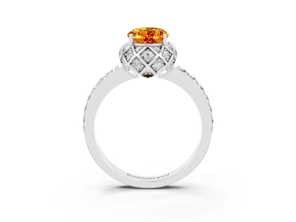 Silver Oval Cut Citrine Scalloped Halo Engagement Ring with Round Shared Prong Band