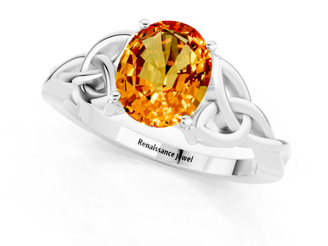 White gold Oval Cut Citrine Solitaire Celtic Knot Ring with Four-Prong Setting_13