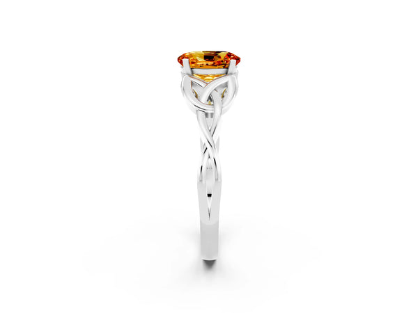 Platinum Oval Cut Citrine Solitaire Celtic Knot Ring with Four-Prong Setting