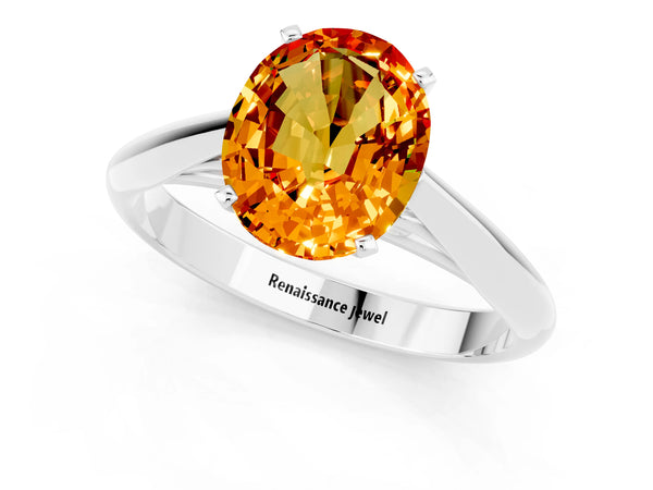 White gold Oval Cut Citrine Solitaire Engagement Ring with Cathedral Setting and Four-Prong Mount