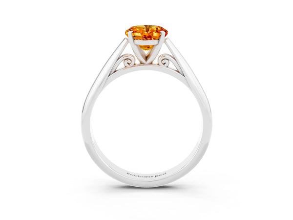 Platinum Oval Cut Citrine Solitaire Engagement Ring with Cathedral Setting and Four-Prong Mount
