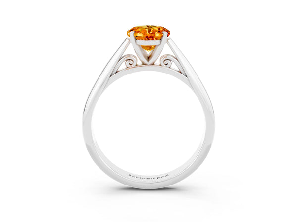 White gold Oval Cut Citrine Solitaire Engagement Ring with Cathedral Setting and Four-Prong Mount