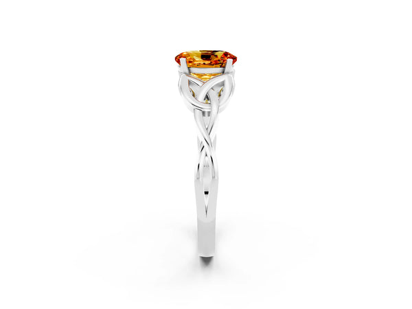 Platinum Oval Cut Citrine Solitaire Engagement Ring with Celtic Knot Band and Four-Prong Setting