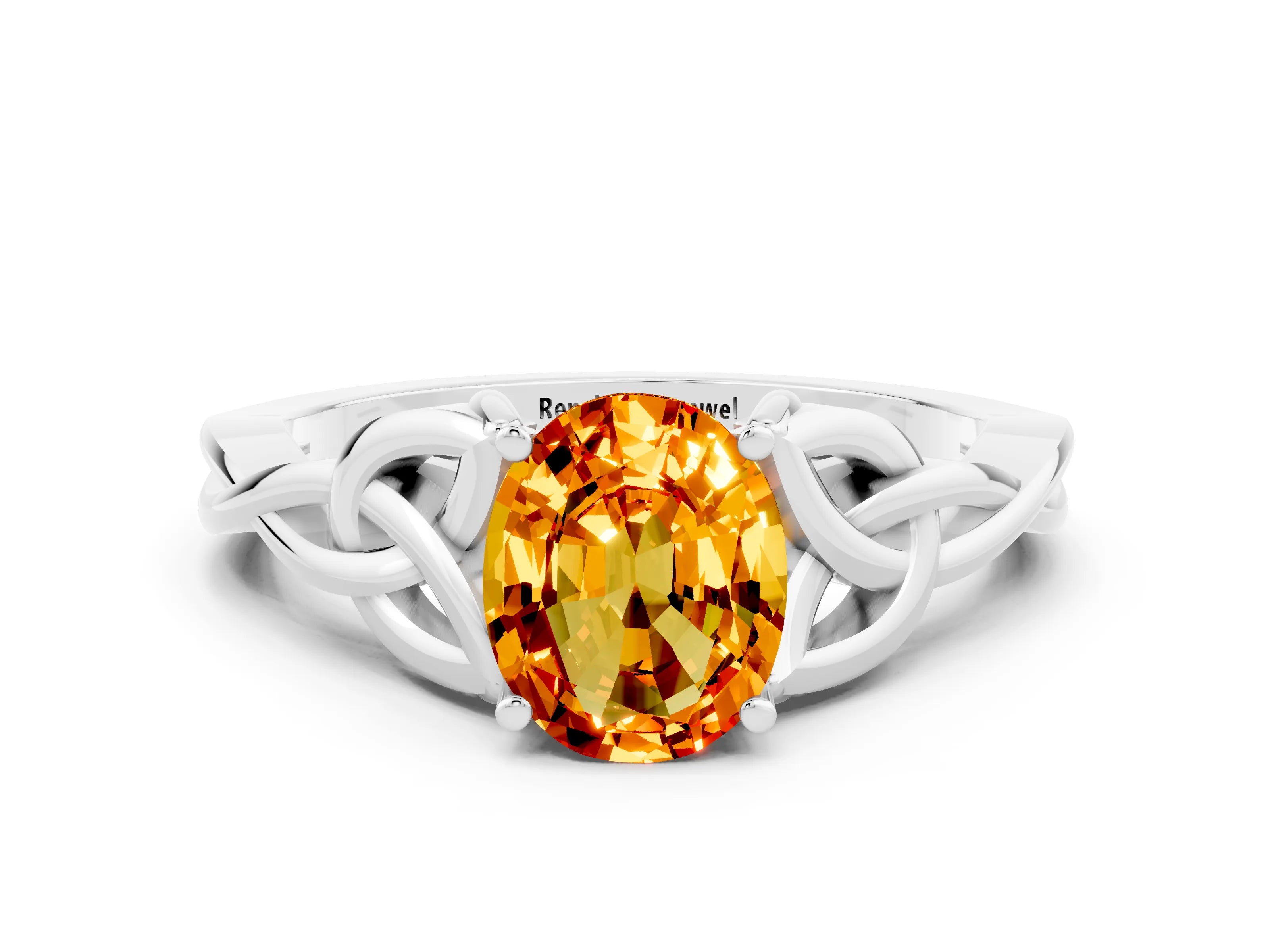 White gold Oval Cut Citrine Solitaire Engagement Ring with Celtic Knot Band and Four-Prong Setting