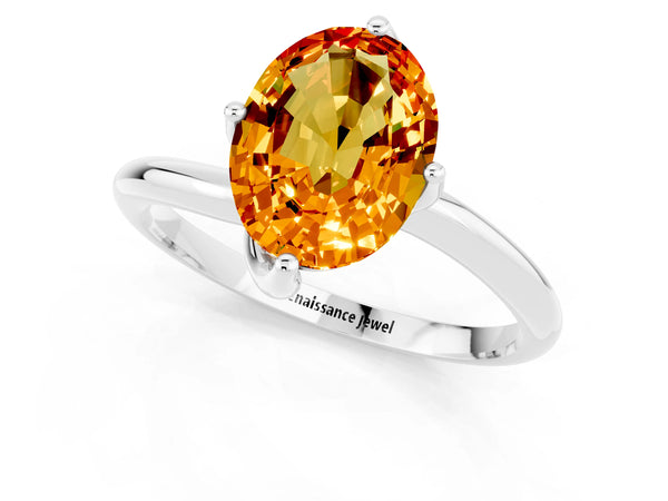 Silver Oval Cut Citrine Solitaire Engagement Ring with Four-Prong Setting and Classic Band