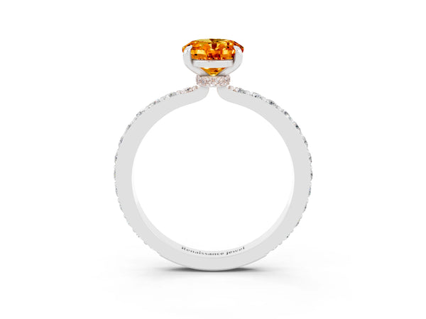 Platinum Oval Cut Citrine Solitaire Engagement Ring with Pavé Band and Four-Prong Setting