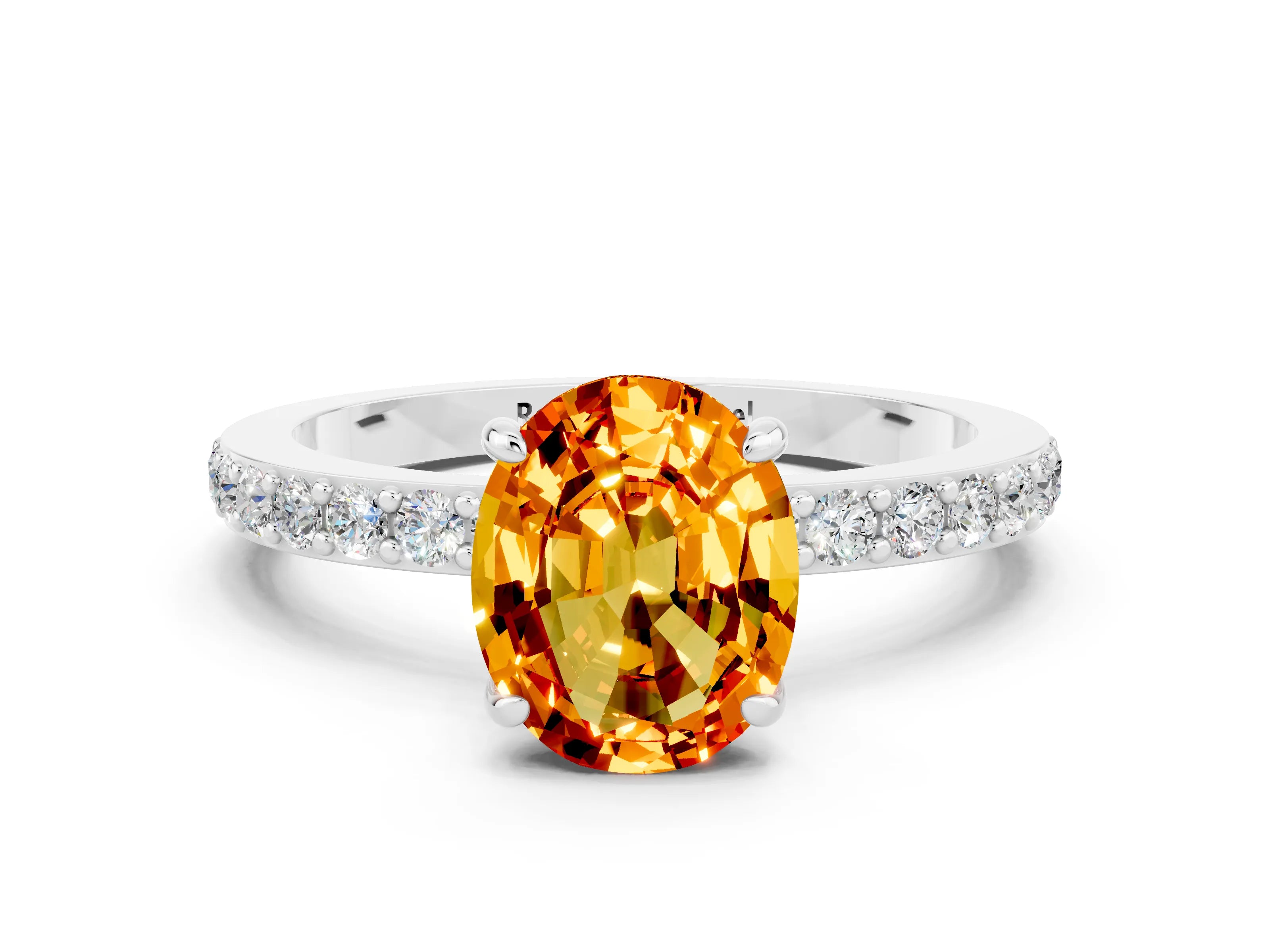 White gold Oval Cut Citrine Solitaire Engagement Ring with Pavé Band and Four-Prong Setting