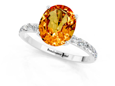White gold Oval Cut Citrine Solitaire Engagement Ring with Pavé Band and Prong Setting_1