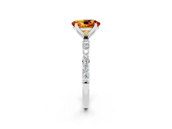 Platinum Oval Cut Citrine Solitaire Engagement Ring with Round  Pavé Band and Prong Setting