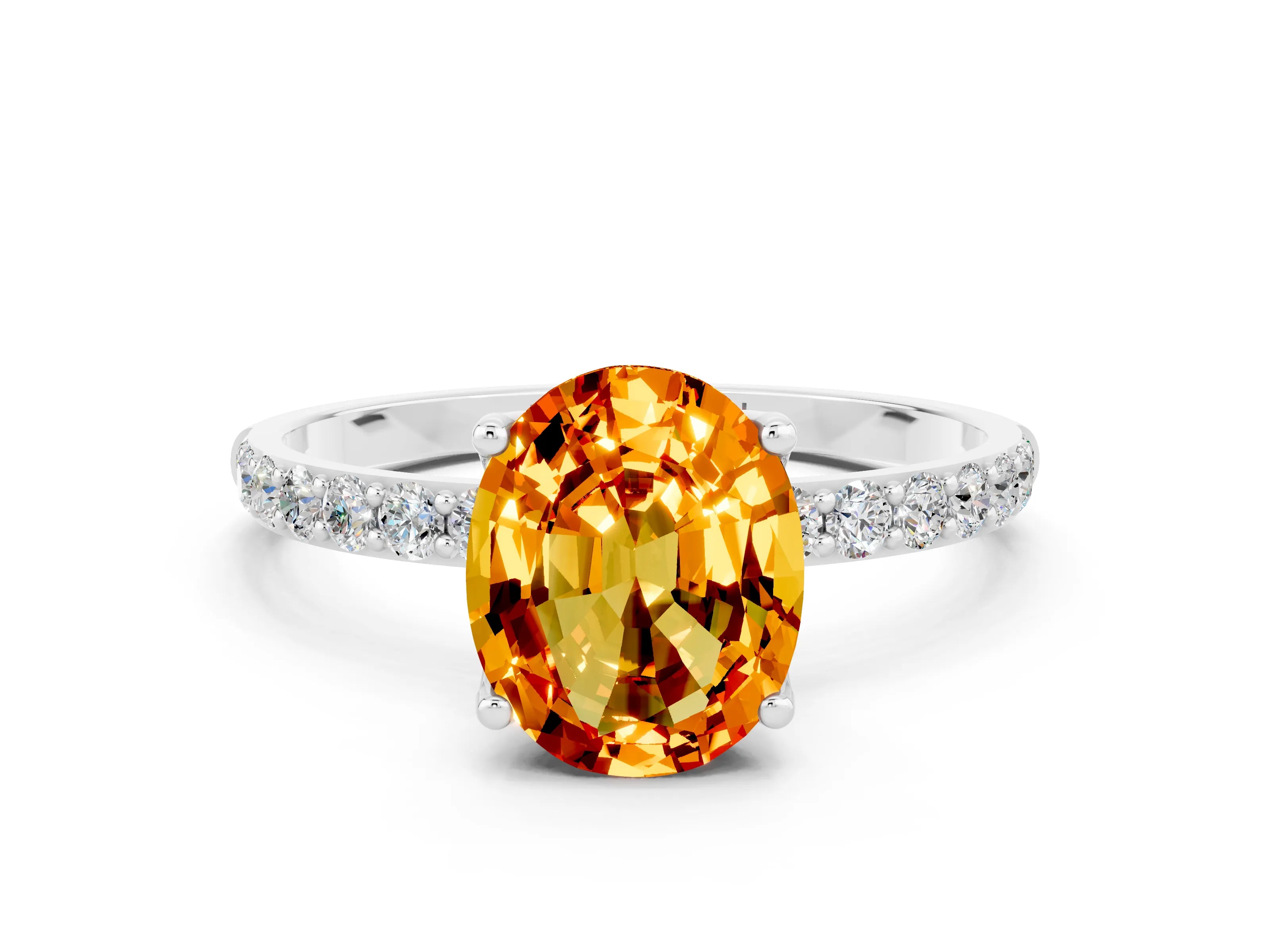 White gold Oval Cut Citrine Solitaire Engagement Ring with Pavé Band and Prong Setting