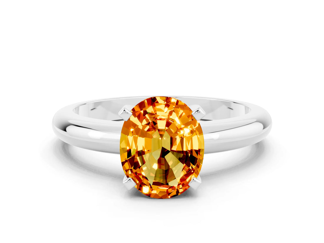 White gold Oval Cut Citrine Solitaire Engagement Ring with Round Band and Four-Prong Setting