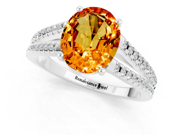 Platinum Oval Cut Citrine Solitaire Engagement Ring with Split Shank Pavé Band