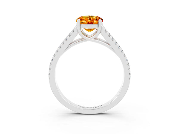 Platinum Oval Cut Citrine Solitaire Engagement Ring with Split Shank Pavé Band