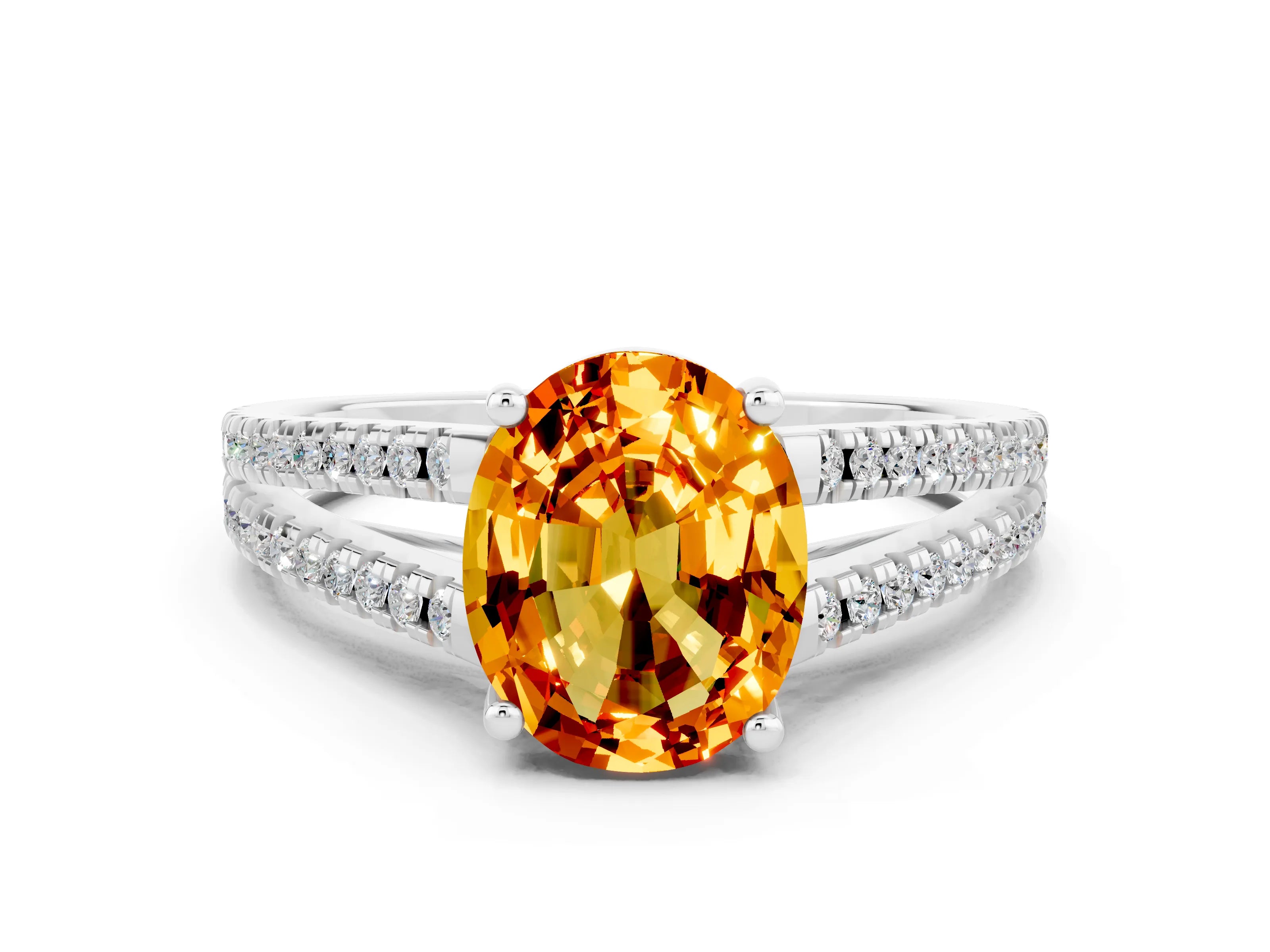 White gold Oval Cut Citrine Solitaire Engagement Ring with Split Shank Pavé Band