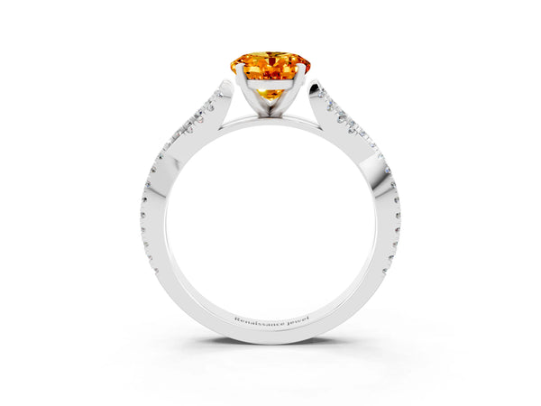 Silver Oval Cut Citrine Solitaire Engagement Ring with Twisted Pavé Band and Four-Prong Setting