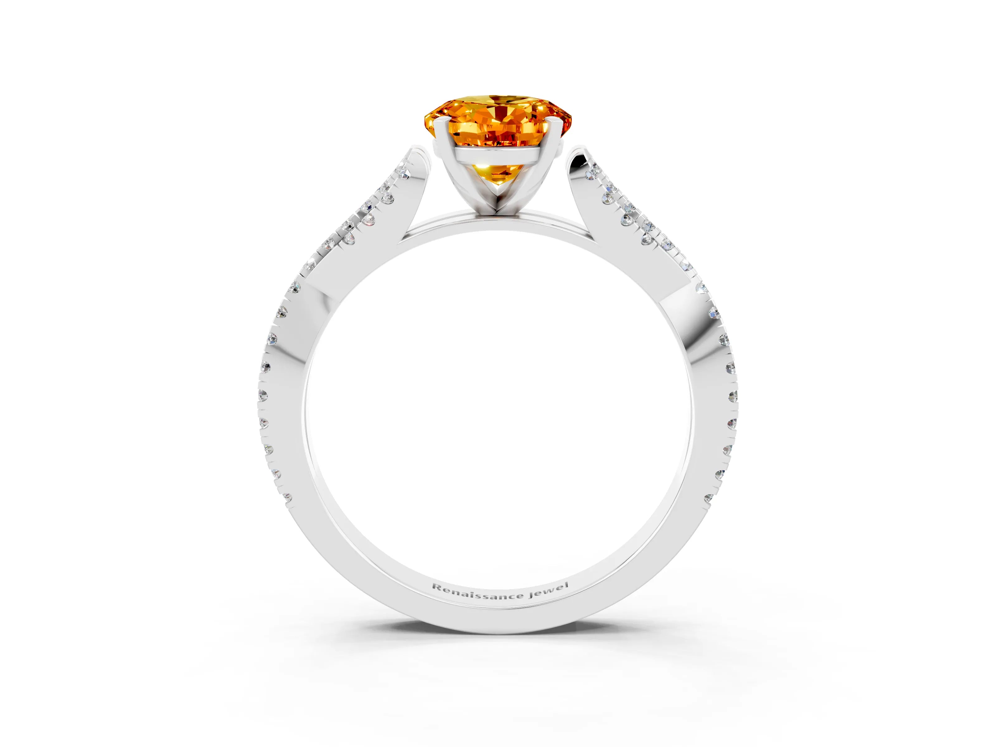 White gold Oval Cut Citrine Solitaire Engagement Ring with Twisted Pavé Band and Four-Prong Setting_3