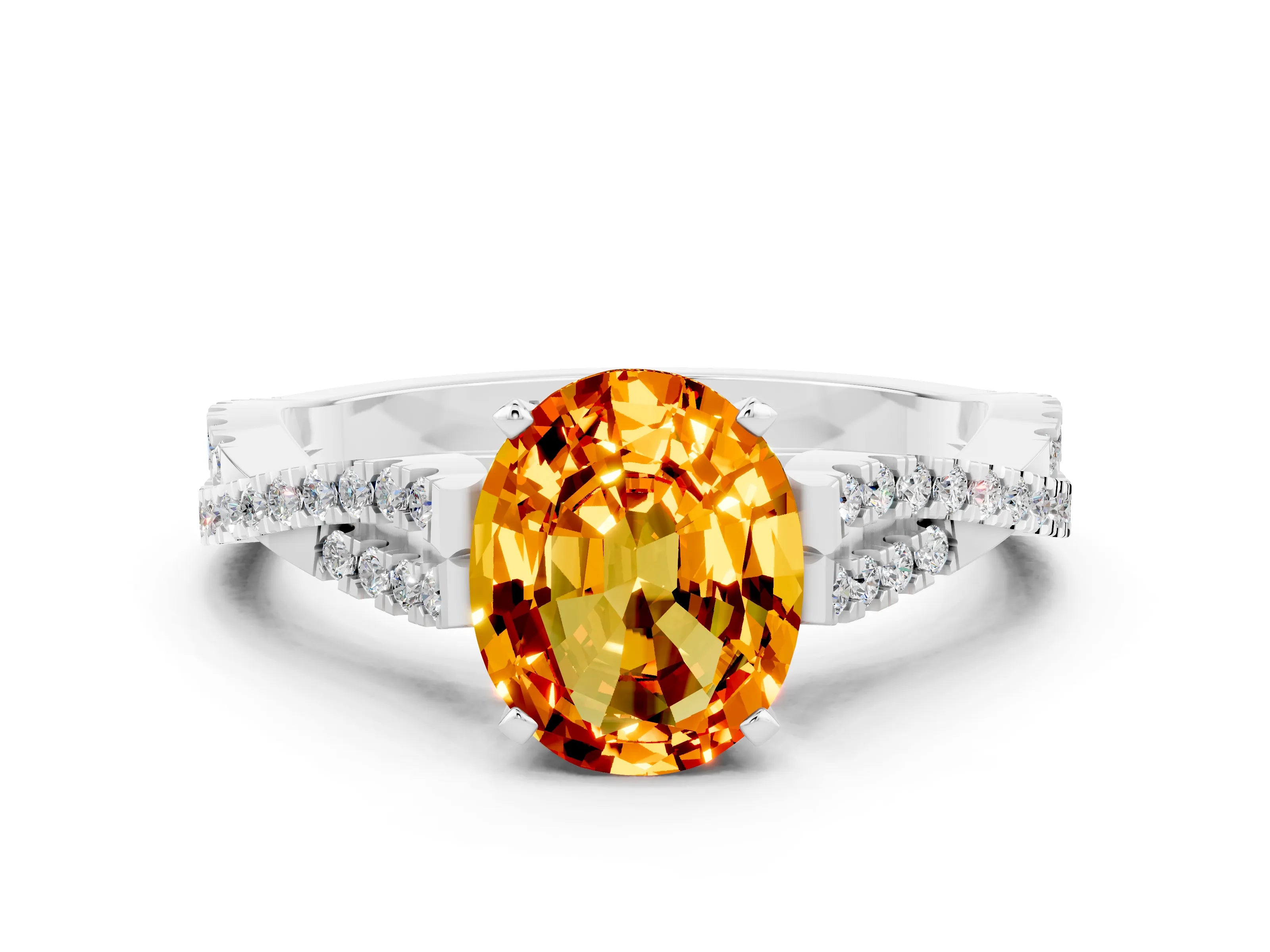White gold Oval Cut Citrine Solitaire Engagement Ring with Twisted Pavé Band and Four-Prong Setting