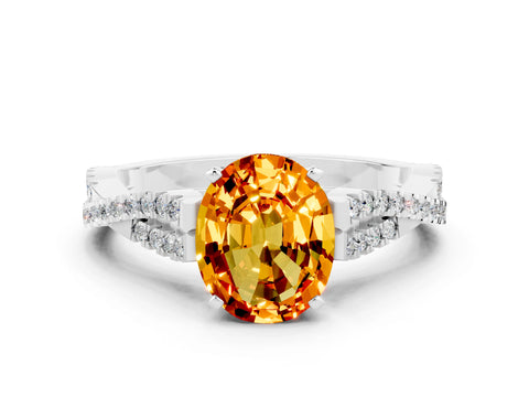 White gold Oval Cut Citrine Solitaire Engagement Ring with Twisted Pavé Band and Four-Prong Setting