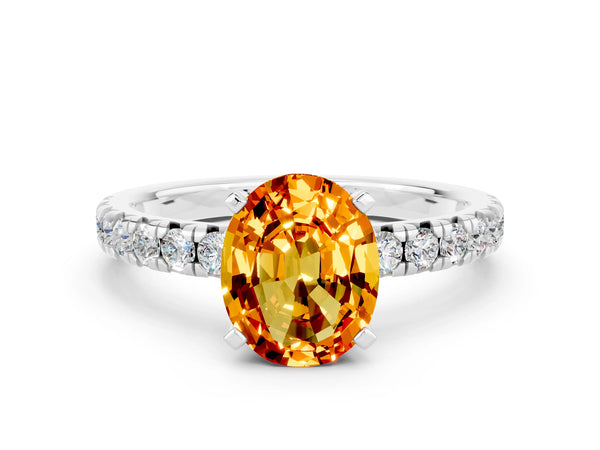 Silver Oval Cut Citrine Solitaire Pavé Engagement Ring with Round Band and Prong Setting