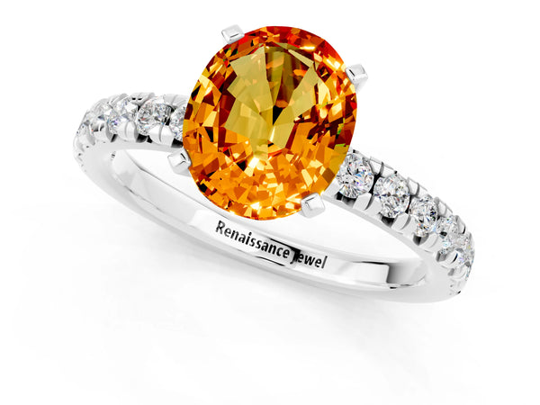 White gold Oval Cut Citrine Solitaire Pavé Engagement Ring with Round Band and Prong Setting