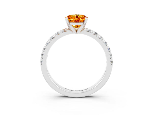 Platinum Oval Cut Citrine Solitaire Pavé Engagement Ring with Round Band and Prong Setting