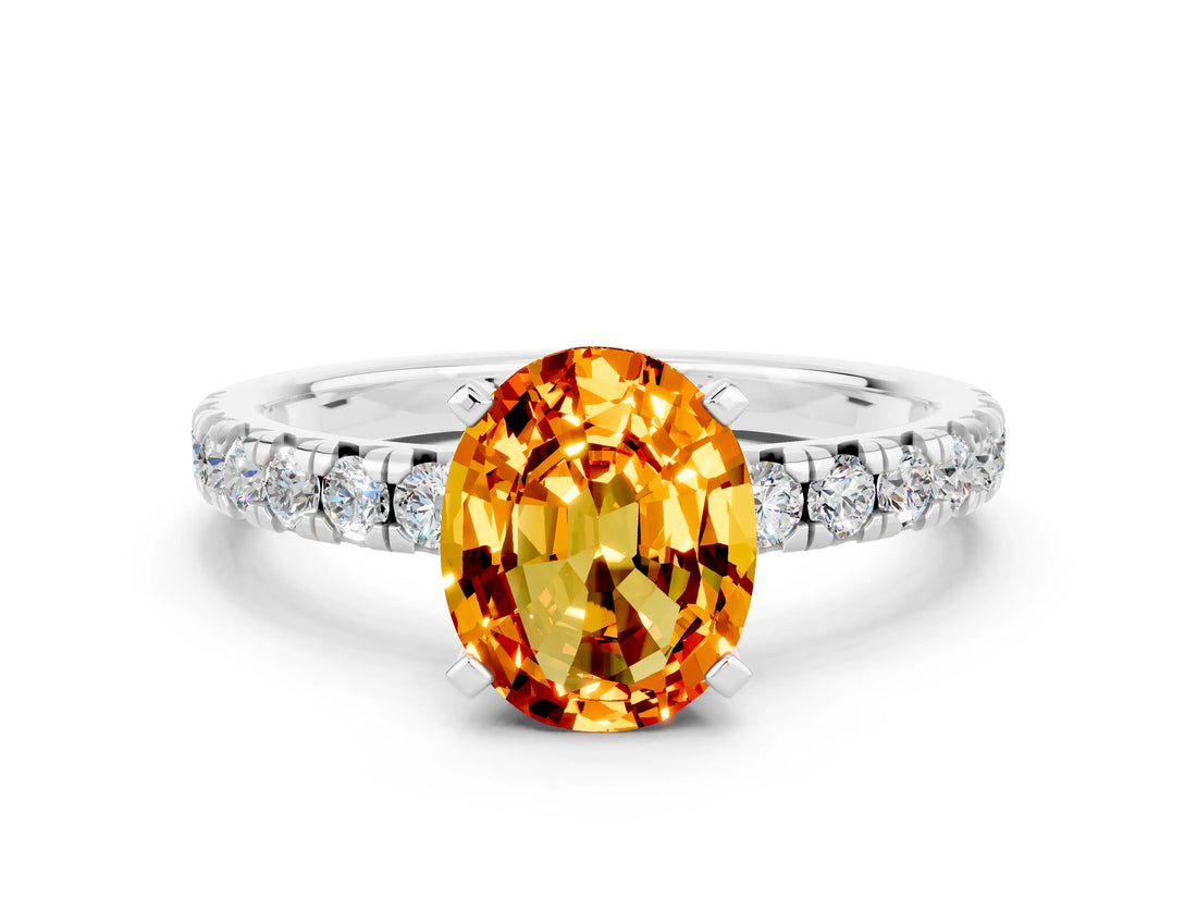 White gold Oval Cut Citrine Solitaire Pavé Engagement Ring with Round Band and Prong Setting_72