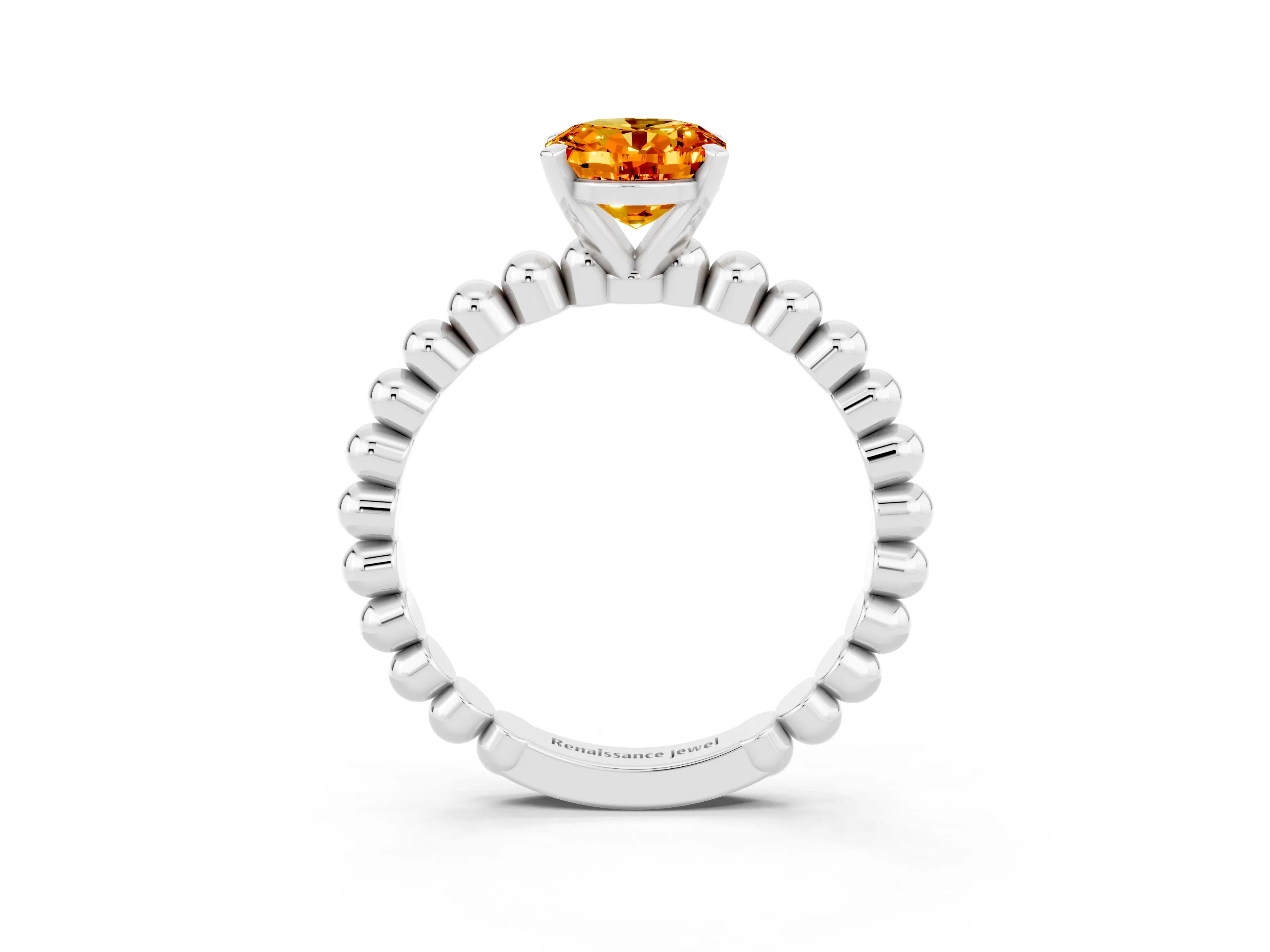 White gold Oval Cut Citrine Solitaire Ring with Beaded Band and Prong Setting_15