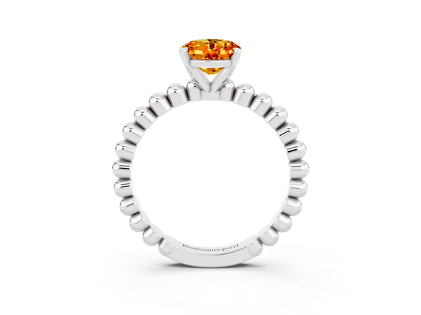 Platinum Oval Cut Citrine Solitaire Ring with Beaded Band and Prong Setting