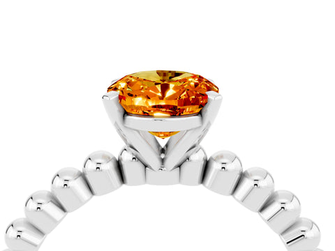 White gold Oval Cut Citrine Solitaire Ring with Beaded Band and Prong Setting_4