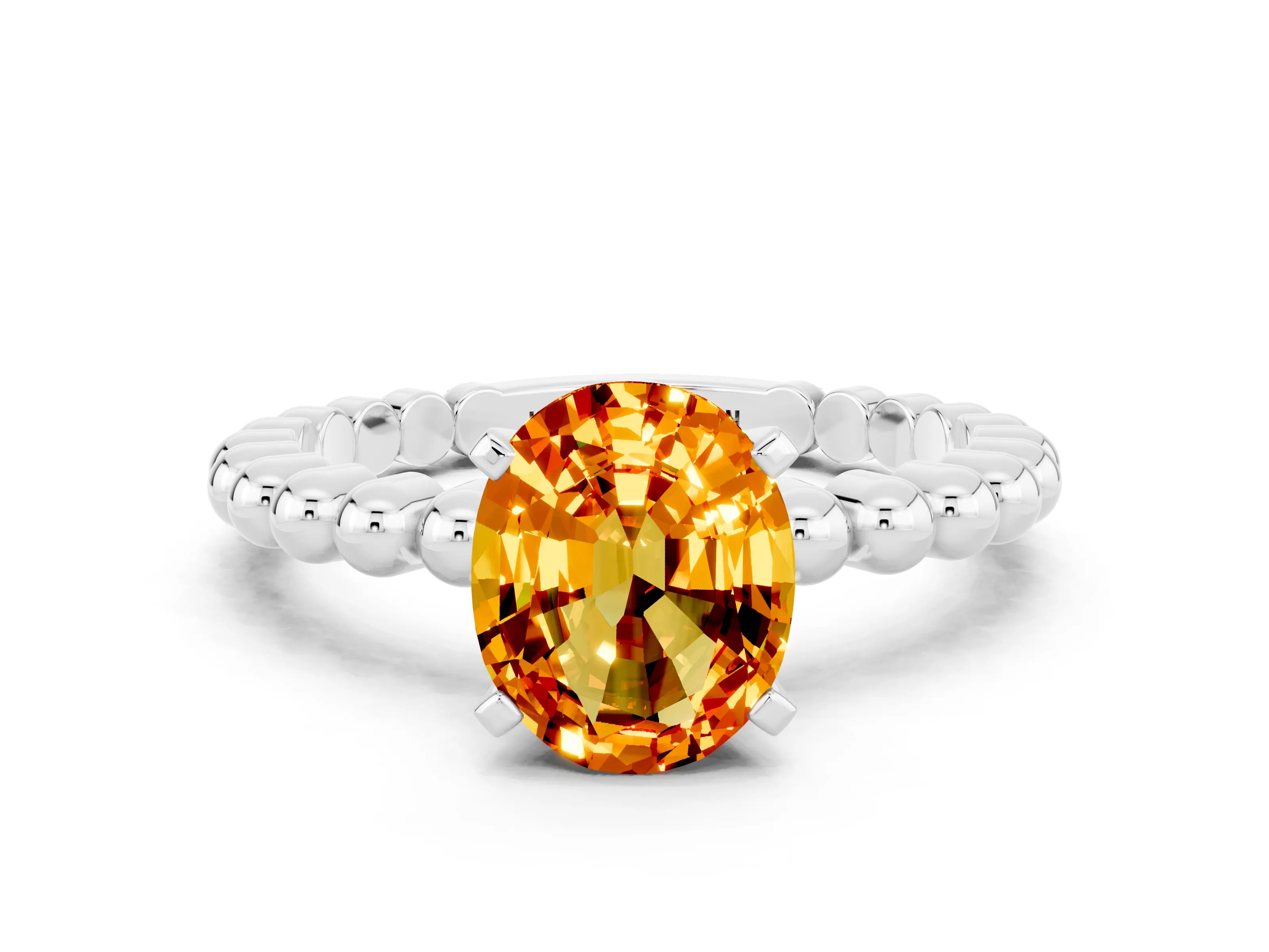 White gold Oval Cut Citrine Solitaire Ring with Beaded Band and Prong Setting