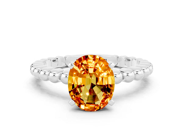 Silver Oval Cut Citrine Solitaire Ring with Beaded Band and Prong Setting