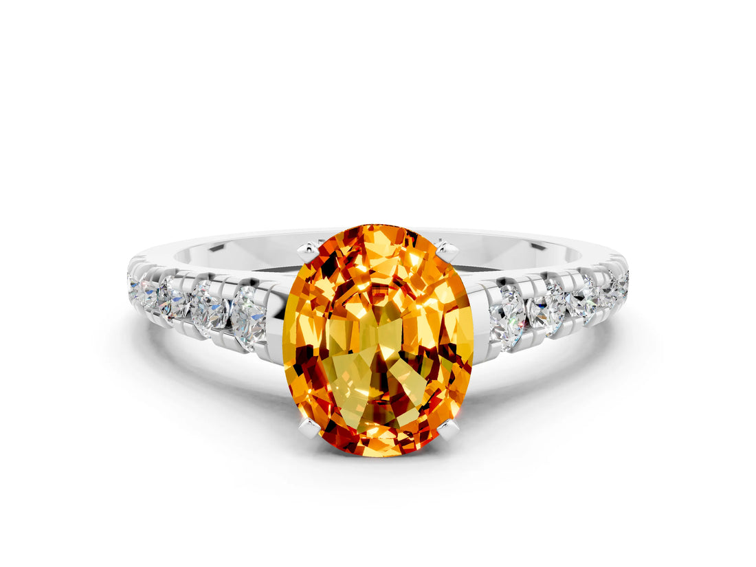 White gold Oval Cut Citrine Solitaire Ring with Cathedral Setting and Pavé Band