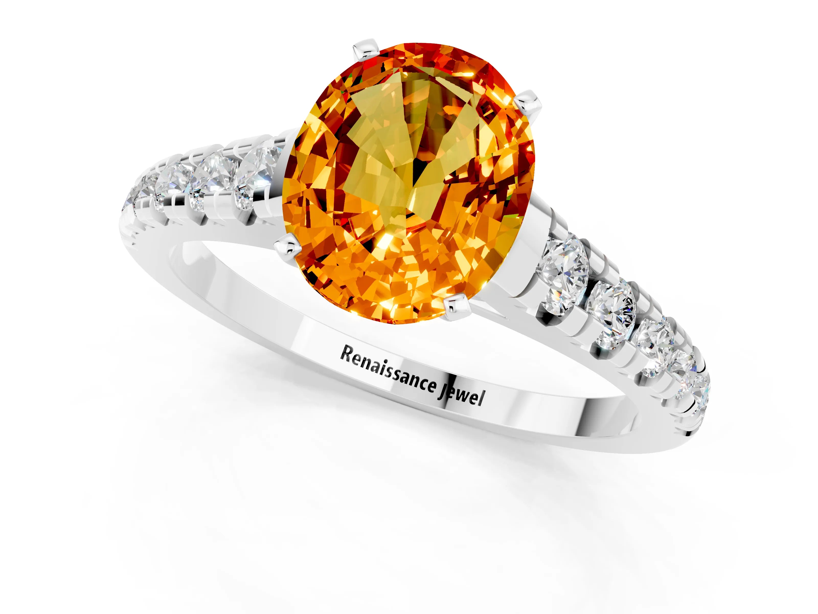 White gold Oval Cut Citrine Solitaire Ring with Cathedral Setting and Pavé Band_1