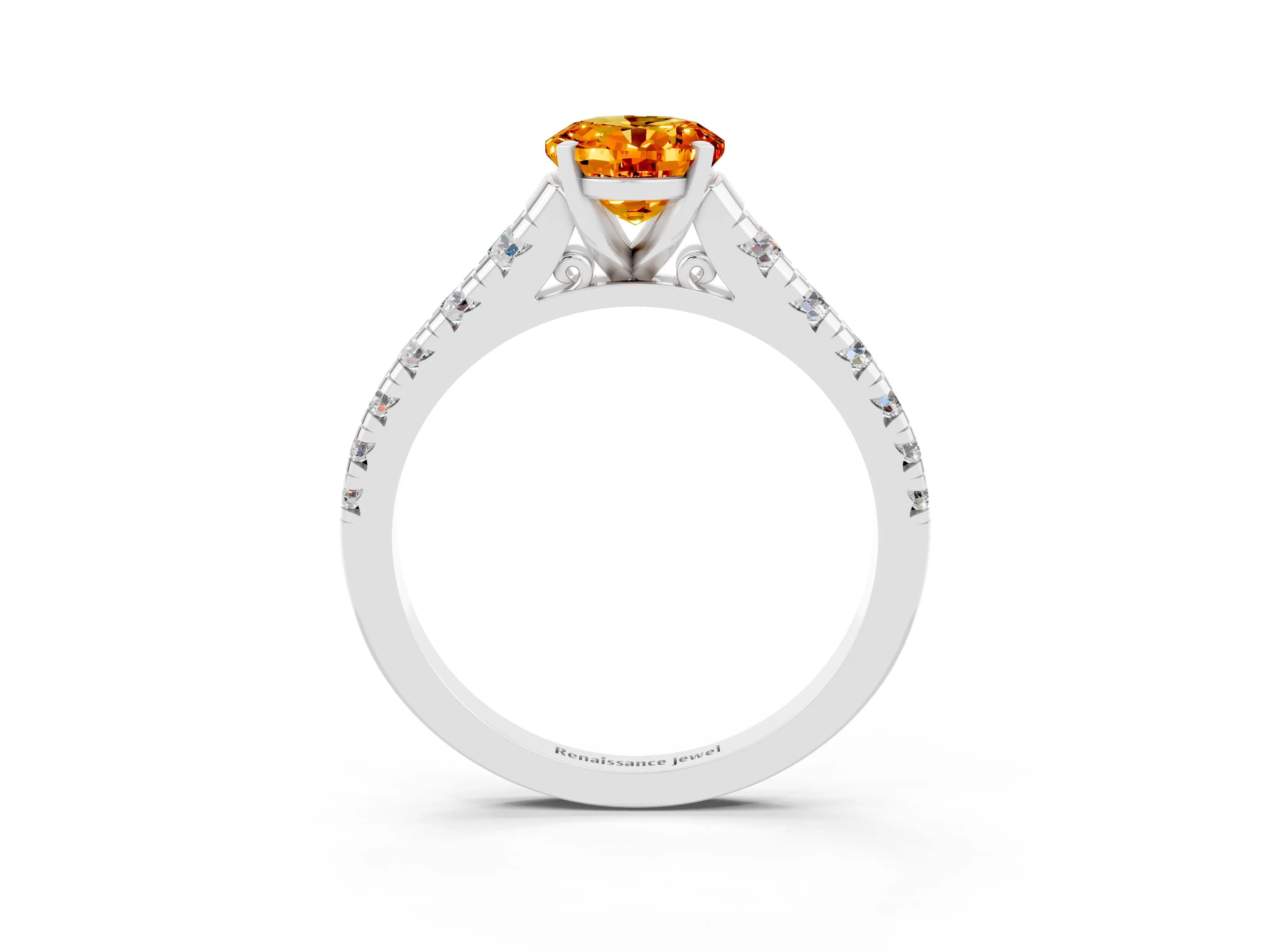 White gold Oval Cut Citrine Solitaire Ring with Cathedral Setting and Pavé Band_3