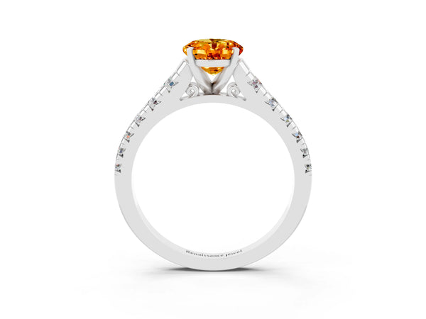 Platinum Oval Cut Citrine Cathedral Solitaire Ring with Round  Pavé Band