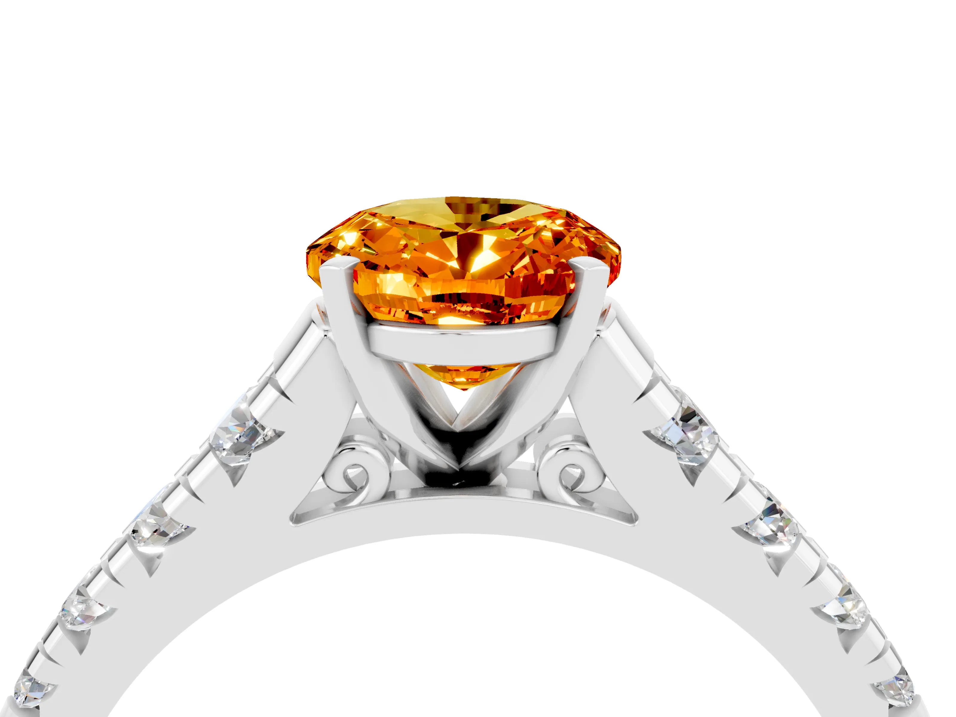 White gold Oval Cut Citrine Solitaire Ring with Cathedral Setting and Pavé Band_4