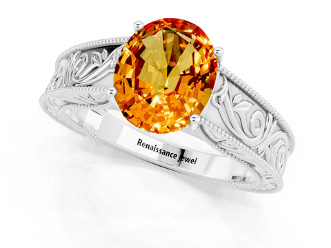 White gold Oval Cut Citrine Solitaire Ring with Engraved Band and Four-Prong Setting_1
