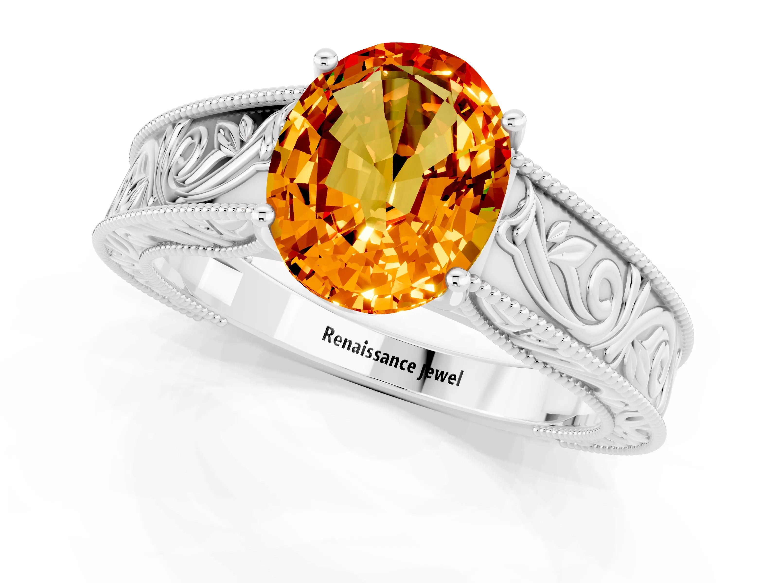 White gold Oval Cut Citrine Solitaire Ring with Engraved Band and Four-Prong Setting_1