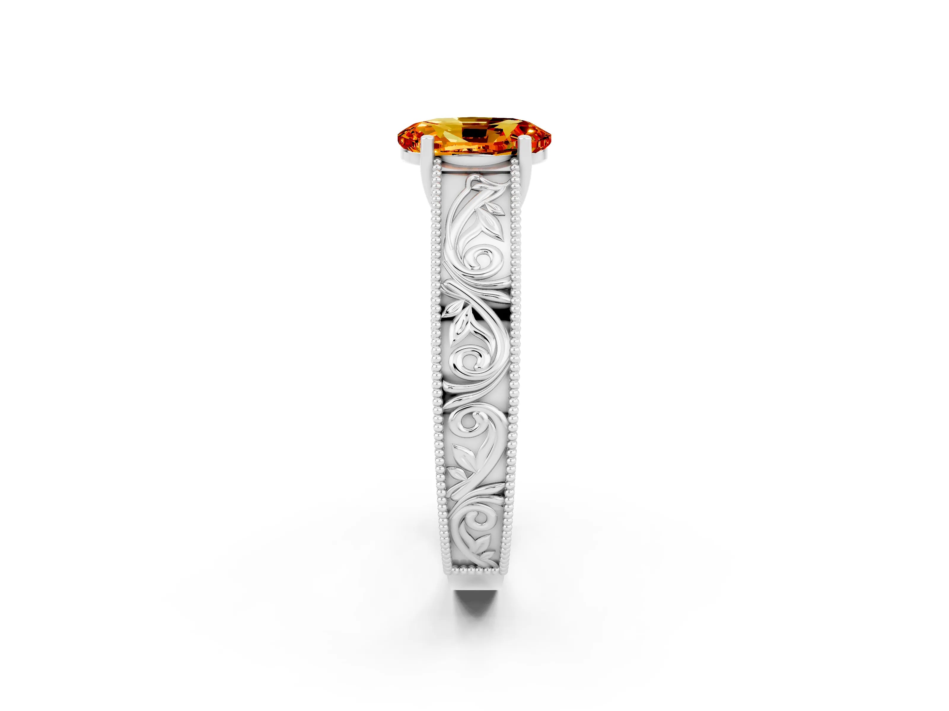 White gold Oval Cut Citrine Solitaire Ring with Engraved Band and Four-Prong Setting_2