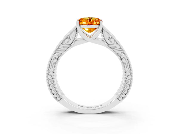 White gold Oval Cut Citrine Solitaire Ring with Engraved Band and Four-Prong Setting