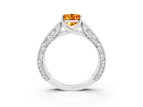White gold Oval Cut Citrine Solitaire Ring with Engraved Band and Four-Prong Setting_3