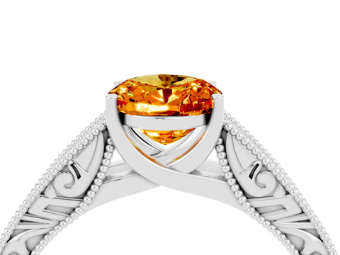 White gold Oval Cut Citrine Solitaire Ring with Engraved Band and Four-Prong Setting_4