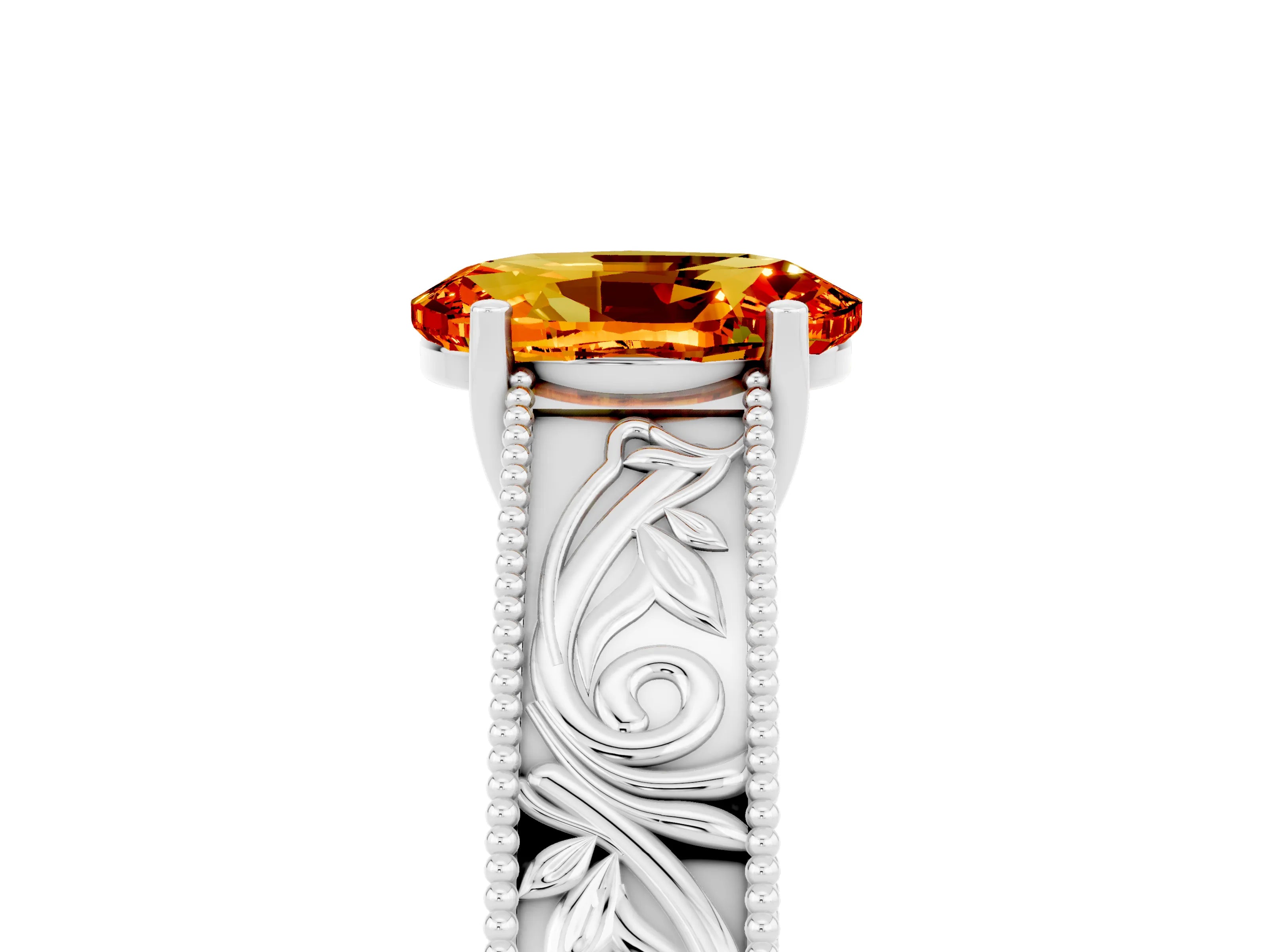White gold Oval Cut Citrine Solitaire Ring with Engraved Band and Four-Prong Setting_5