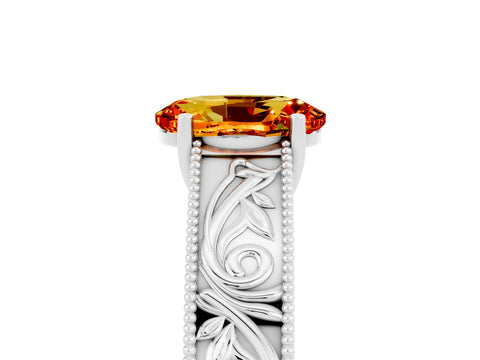 White gold Oval Cut Citrine Solitaire Ring with Engraved Band and Four-Prong Setting_5